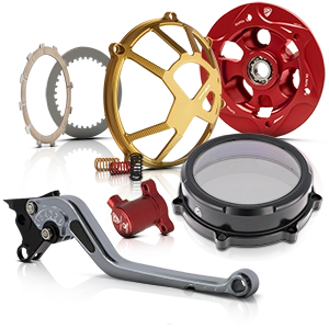 Motorcycle accessories: clutch covers, levers, covers and parts in red, gold and silver.